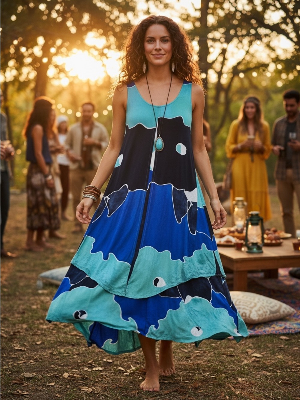 Sunset Mirage Turquoise Blues Handmade Ocean Inspo Assymetrical Art Maxi Dress L